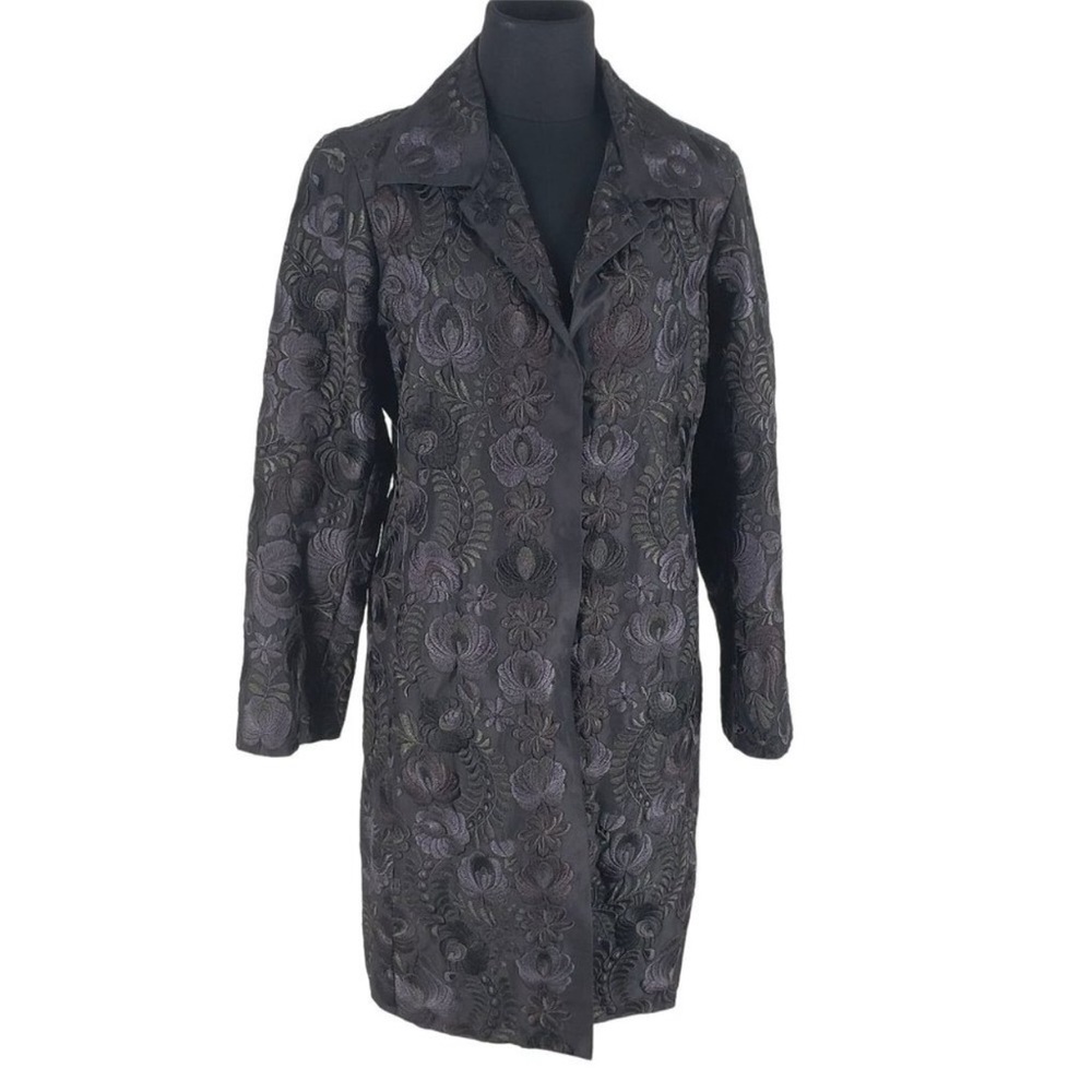 BIYA Johnny Was Black 100%Silk Floral Embroidered
Long Line Jacket Coat xs